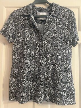 Anthropologie ett:twa Black White Floral Short-Sleeve Collared Top scandi chic M